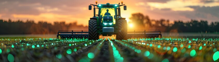 Tractor in field at sunset with futuristic glowing crop technology - obrazy, fototapety, plakaty