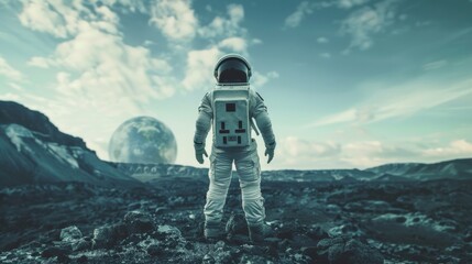 A portrait of an astronaut standing on a desolate and barren planet their helmet lifted as they gaze into the endless horizon. The isolation of their surroundings reflects the isolation . - obrazy, fototapety, plakaty