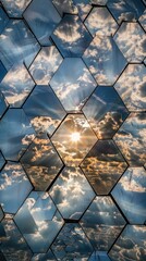 A mosaic of mirrored hexagons reflecting the sky clouds