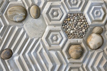 A zen garden with pebbles arranged in hexagonal patterns