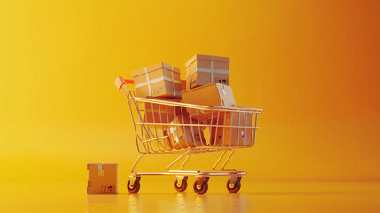 A fast moving cart full of parcel and box. Online shopping e commerce concept.