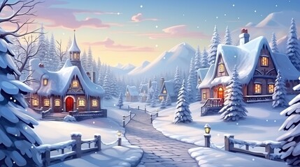Beautiful winter village landscape for new year holiday celebration concept.