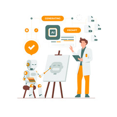 Artificial intelligence created generate art with prompt, AI servers and robots technology with neural network thinks. a digital brain is learning to process big data concept illustration