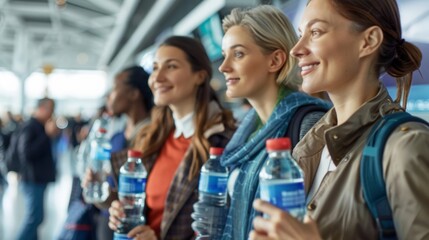 A photo of a group of passengers waiting to board a flight each holding refillable water bottles and reusable snack containers highlighting the growing trend of ecoconscious travelers . - 783472233