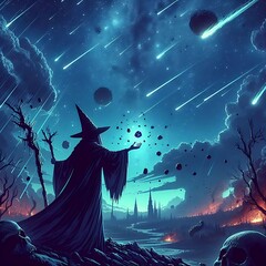 the background with the wizard causing the meteor shower.  - obrazy, fototapety, plakaty