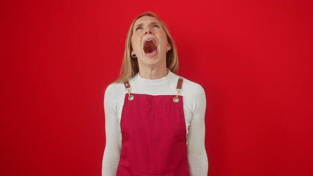 Enraged young woman, blonde and attractive, furiously screaming over red isolated background. wearing apron, eyes filled with anger and frustration, oozing aggression