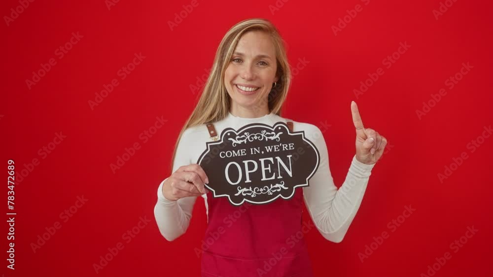 Poster Excited young blonde in apron, open mind over surprise idea! points finger and holds blackboard, one happy face on isolated red background.