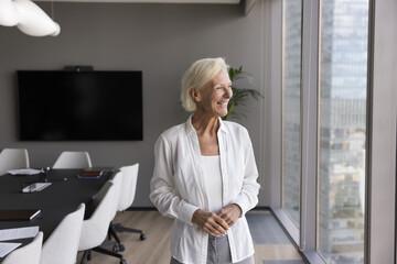 Satisfied pensive caucasian mature woman standing in skyscraper office in modern boardroom smiling looking out window admiring big city view, enjoy professional achievements. Leadership, aspirations - obrazy, fototapety, plakaty