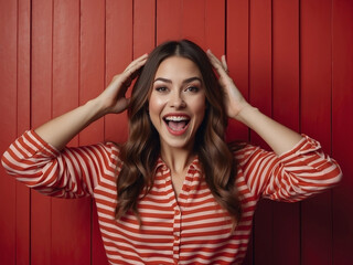 Image of excited young woman standing isolated over red background. Looking camera.