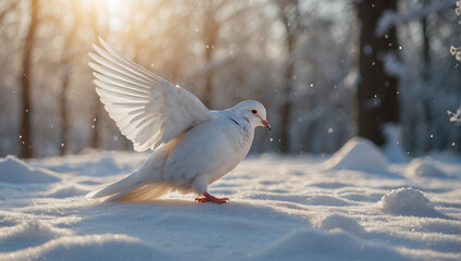 A white pigeon standing in the snow

 - Powered by Adobe