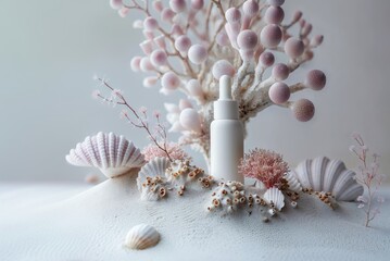 A white skincare bottle is surrounded by pink and beige seashells, corals, and small flowers on a light background. Product photography in soft grey-pink tones, featuring a mock-up dropper bottle. - 783473087