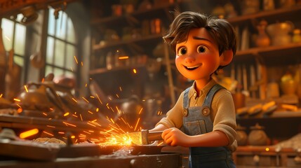 3D Cartoon blacksmith forging a masterpiece, sparks flying in the rhythm of the hammer, forge glowing and lively - obrazy, fototapety, plakaty