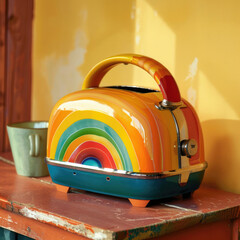Vintage-Style Rainbow Toaster on Kitchen Counter - Vibrant Home Decor and Morning Breakfast Preparation