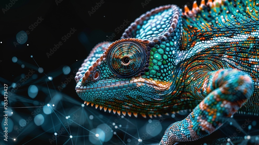 Wall mural digital chameleon in neon colors. big data visualization. information aesthetic design. animal learn