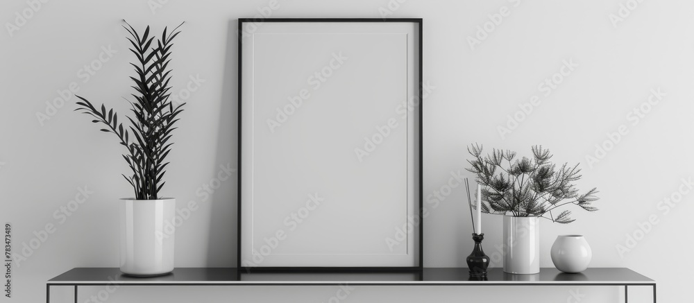 Poster a monochrome image of a simple shelf displaying a picture frame and assorted vases in black and whit
