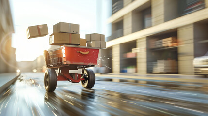 A moving cart with a parcel drops out . Fast moving effect. Online shopping and e commerce concept.
