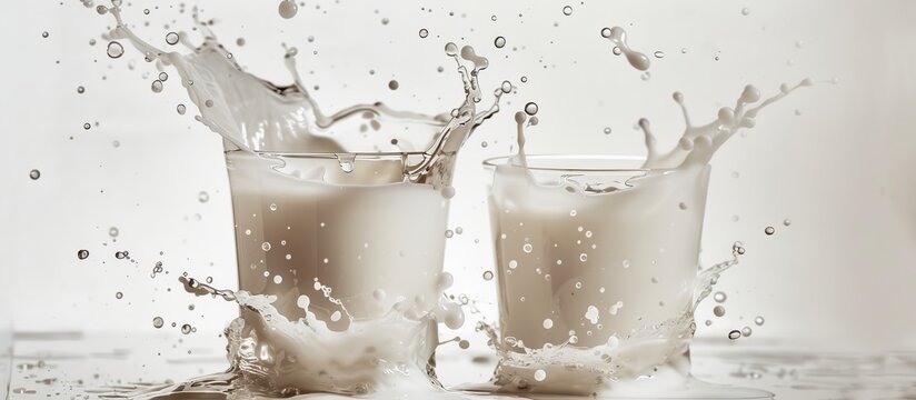 Two transparent glass cups filled with white milk are being simultaneously poured into a larger glass, creating splashes and ripples