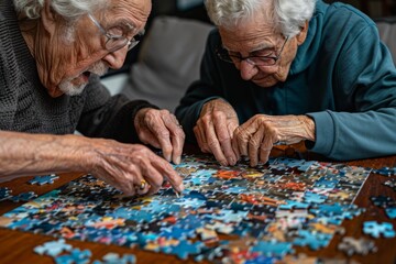 Two seniors deeply engrossed in solving a jigsaw puzzle together indoors.