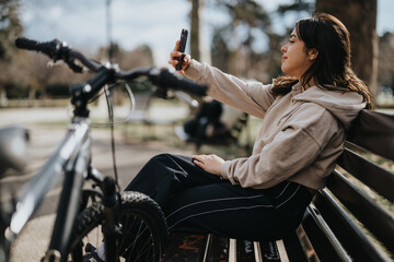Young woman enjoying a leisurely day in the park, sitting on a bench with her bike beside her.