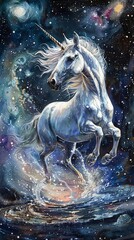 Obraz na płótnie Canvas Illustrate a mysterious unicorn galloping amongst swirling galaxies, its pearlescent horn illuminating the enigmatic beauty of the cosmic landscape Employ watercolor techniques to convey a dreamlike q