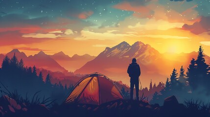Depict a surreal landscape in the background of a campers silhouette, exploring the inner struggles of solitude and self-discovery Utilize vector art style to enhance the dreamlike atmosphere - obrazy, fototapety, plakaty