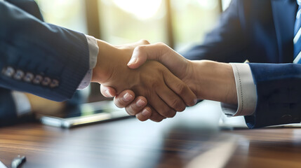  Businessmen shaking hands for success and a deal, close up of two businessmen in suits making a handshake on a table at an office