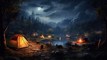 Night camping at the forest with campfire in rainy atmosphere.