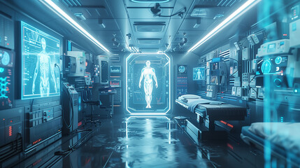 A state-of-the-art medical bay with holographic displays and high-tech diagnostic equipment showcasing the future of healthcare