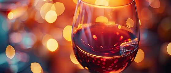 Red wine glass, close-up, soft focus on rim, warm evening light, deep ruby color - obrazy, fototapety, plakaty