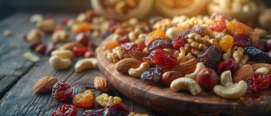 Raw nuts and dried fruits, close view, wooden surface, natural light, sharp detail, rich textures
