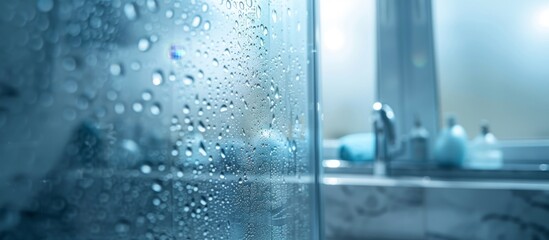 Close-up view of water droplets adorning a shower glass surface, creating an aesthetic pattern