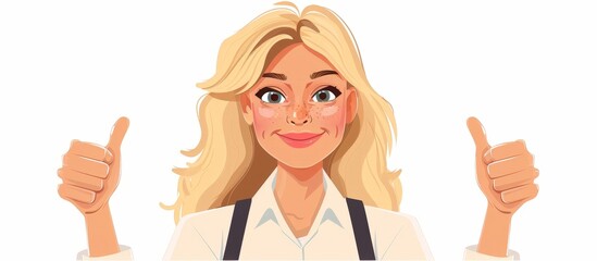 Blonde woman wearing suspenders confidently gives a thumbs up gesture