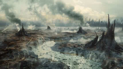illustration of A dark and eerie landscape showing the aftermath of a wildfire