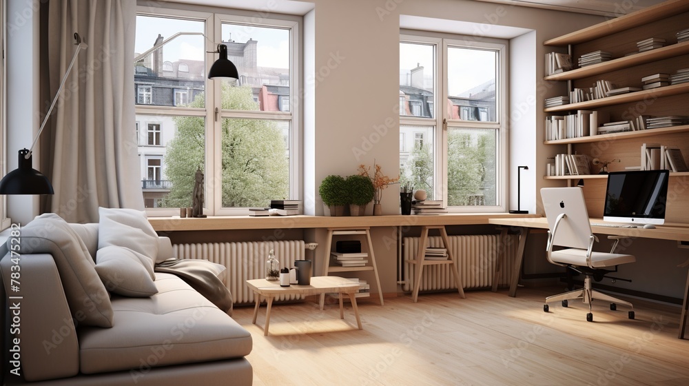 Aufkleber modern comfortable office room with computer screen on the table in scandinavian design concept.