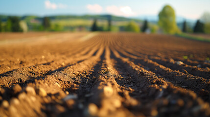 Selective blur on furrows on a Agricultural landscape near a farm,The plough is a technique used in agriculture to fertilize a land. - obrazy, fototapety, plakaty