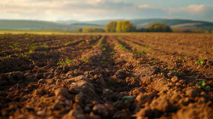 Selective blur on furrows on a Agricultural landscape near a farm,The plough is a technique used in agriculture to fertilize a land. - obrazy, fototapety, plakaty