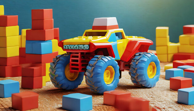 Puzzle, toys, Car, Tractor, monster, monster truck, building blocks, building blocks toy, model, graphic resource, plastic, plastic toys, play, kids toys, red, yellow, blue, background, wallpaper, HD