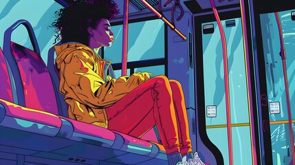 Illustration of a Woman Riding a Bus, side view