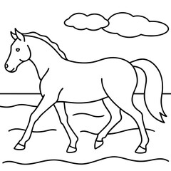        horse walks along the seashore colouring page
