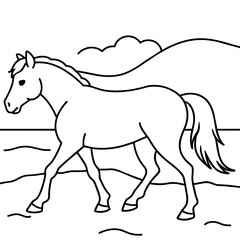         horse walks along the seashore colouring page.
