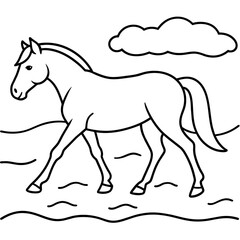         horse walks along the seashore colouring page.

