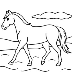         horse walks along the seashore colouring page.
