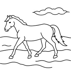         horse walks along the seashore colouring page.
