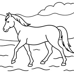         horse walks along the seashore colouring page.
