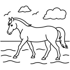         horse walks along the seashore colouring page.
