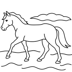         horse walks along the seashore colouring page.
