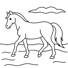         horse walks along the seashore colouring page.

