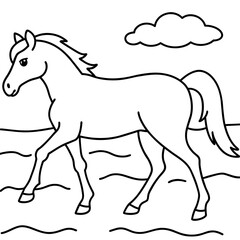         horse walks along the seashore colouring page.
