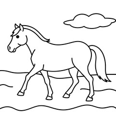         Horse walks along the seashore colouring page.
