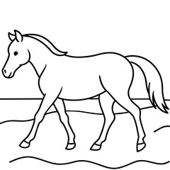         Horse walks along the seashore colouring page.
